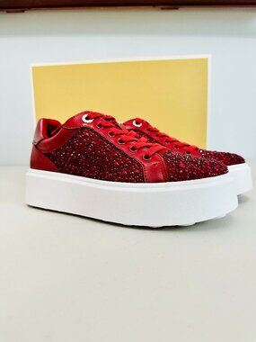MICHAEL KORS ROMEY LACE-UP CHERRY RED CRYSTAL STUDDED FAUX LEATHER SNEAKERS 6.5M